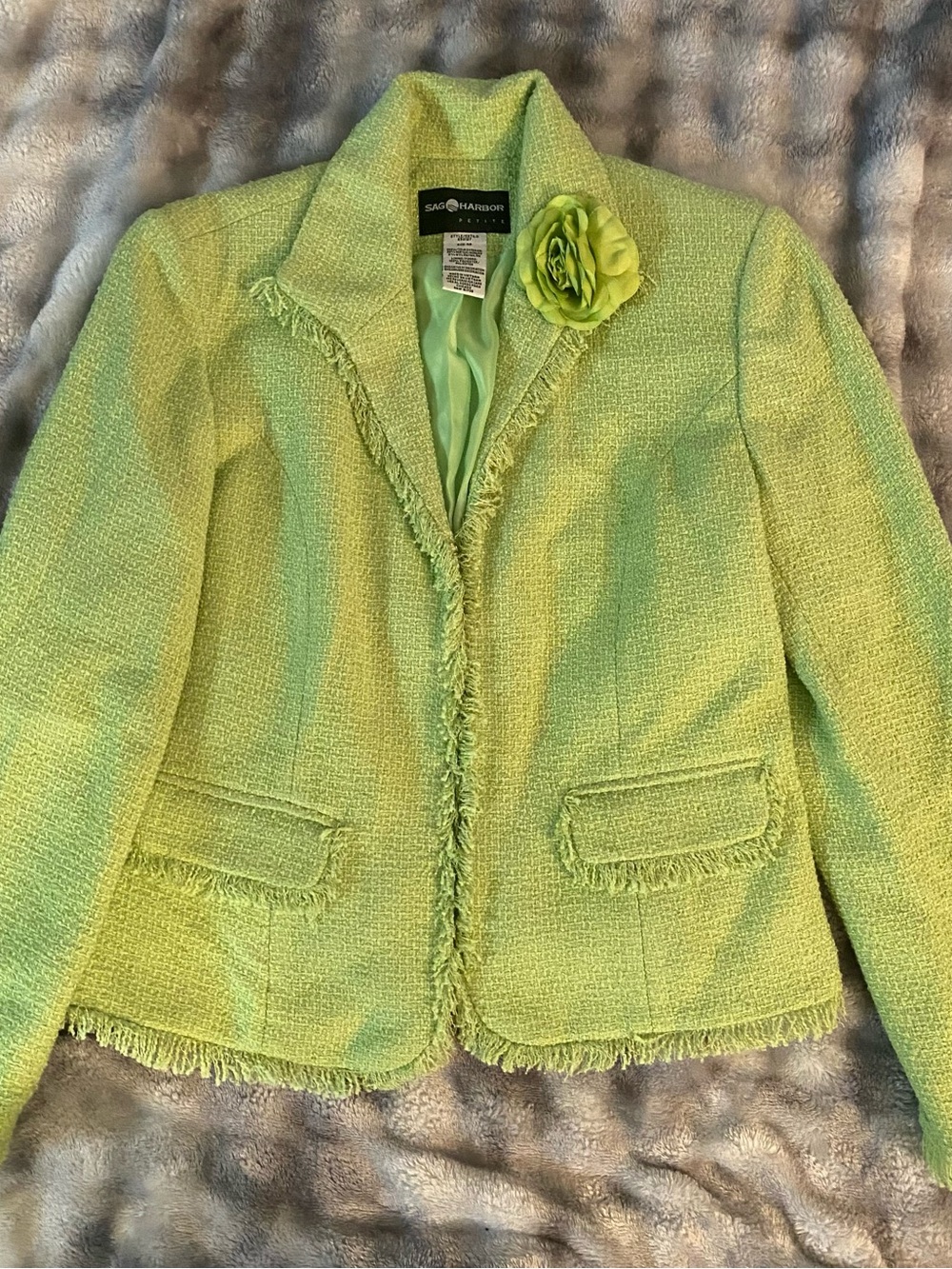Sag Harbor Lime Green Bouclé Fringe Blazer with Floral Pin